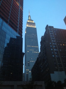 Empire State Building from the ground in the early evening.